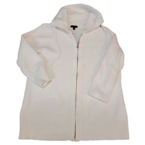 Talbots White Cotton Full Zip Sweater with Tie Around Oversized Collar sz Small
